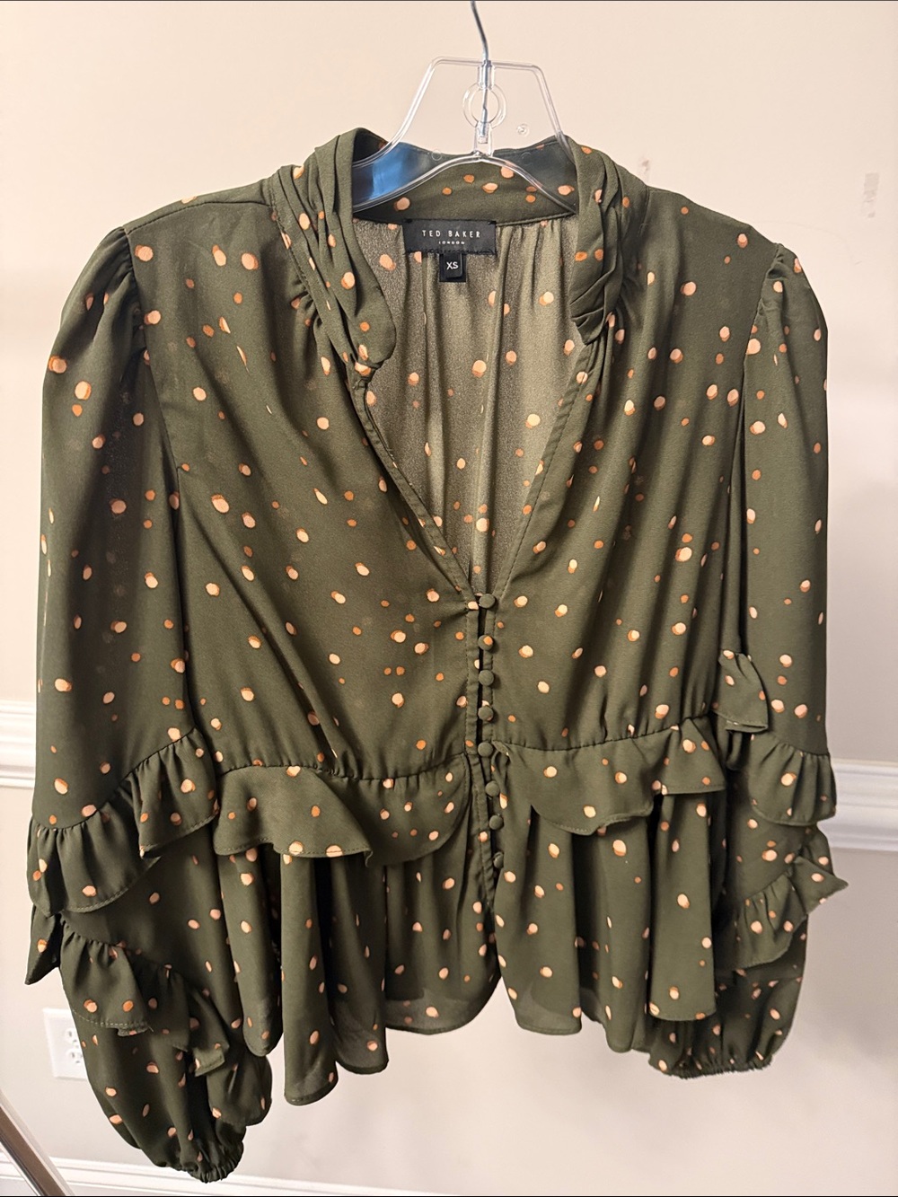 Ted Baker Olive Green Blouse with Peach Dot Ruffles